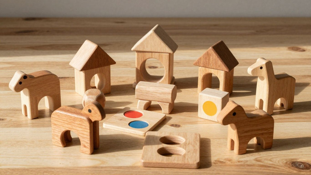 Eco-friendly wooden toys arranged on a natural surface.