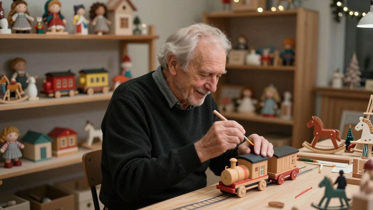 Centenarian toymaker crafting a wooden toy train.