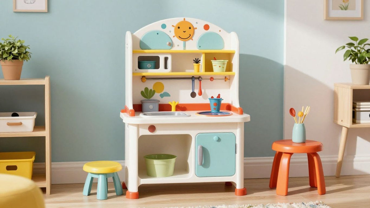 Customized Kmart toy kitchen transformed into a dream play space.