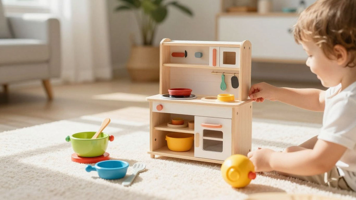 Child playing with wooden play kitchen and toy food.