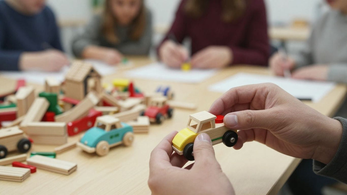 Hands building wooden toys for charity.