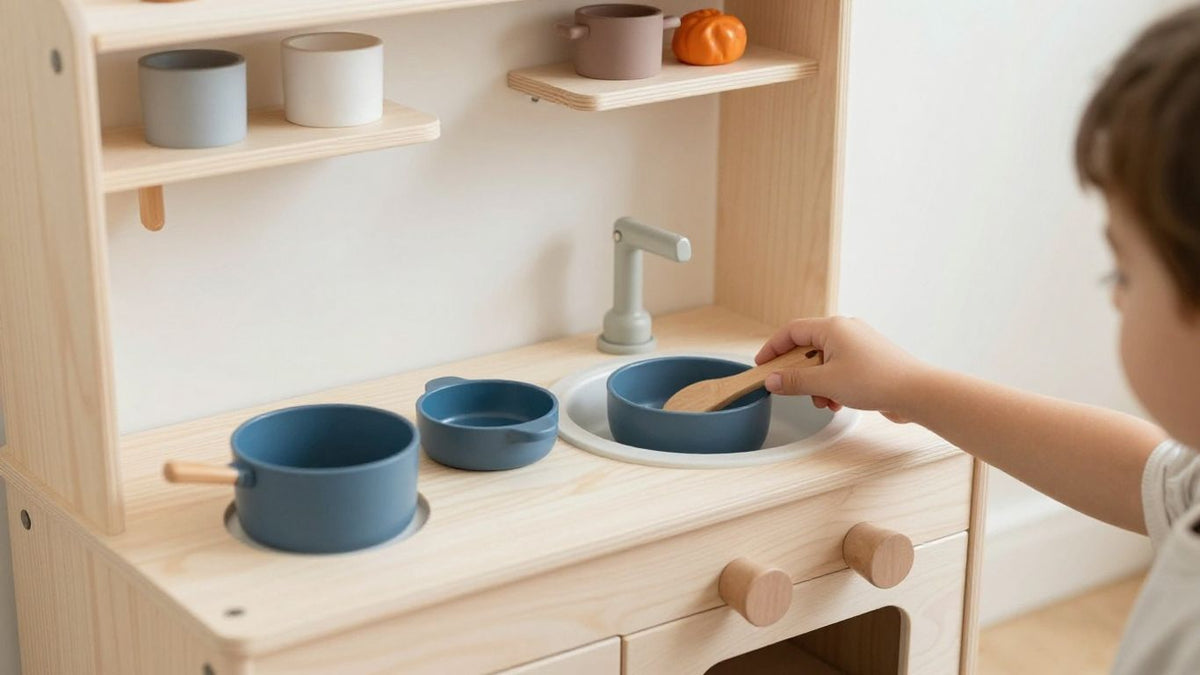 Wooden play kitchen and toys from Lidl and Aldi.