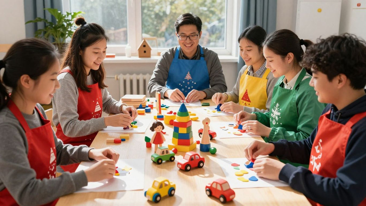 Volunteers craft colorful wooden toys for children.