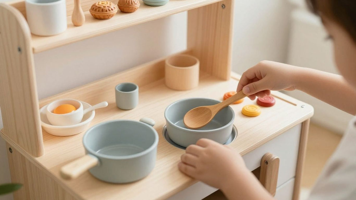 Child playing with a wooden toy kitchen.