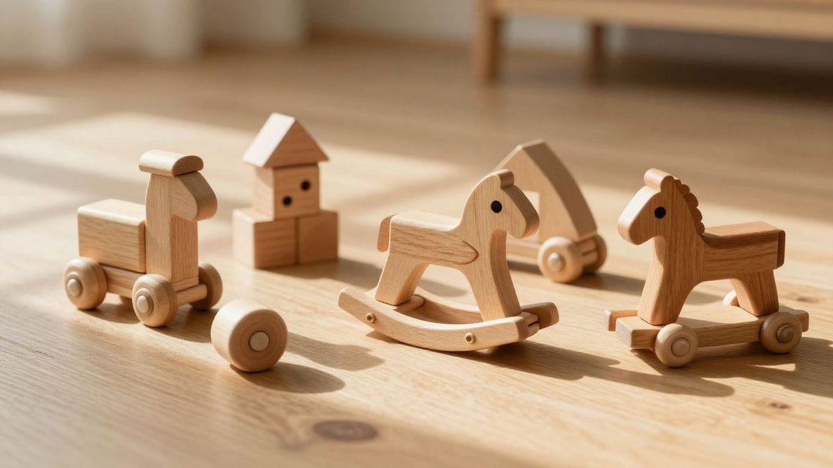Collection of classic wooden toys on a natural surface.