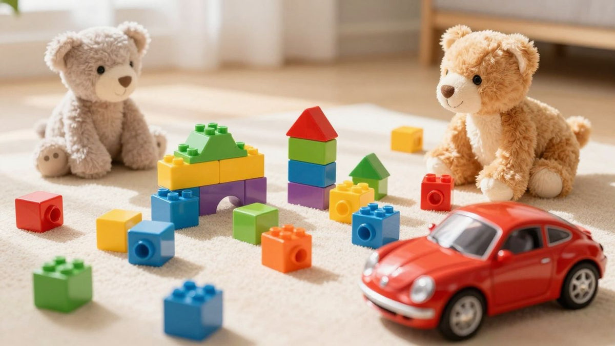 Diverse toys for children: blocks, stuffed animal, toy car.