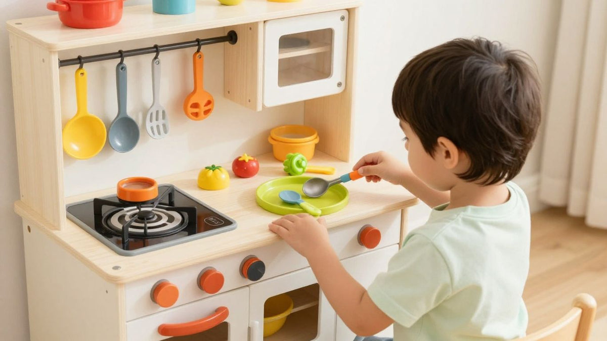 Child playing with a colorful toy kitchen set.