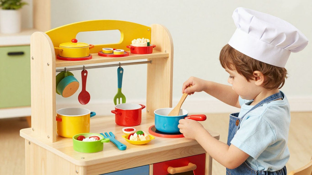 Child playing with a wooden toy kitchen.