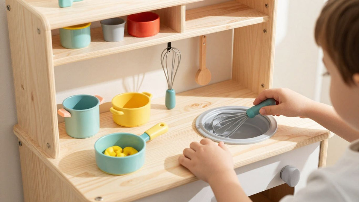 Wooden play kitchen with toy food and accessories.