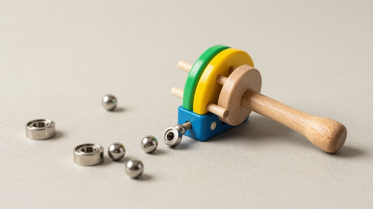 Pounding toy with scattered small metal ball bearings.