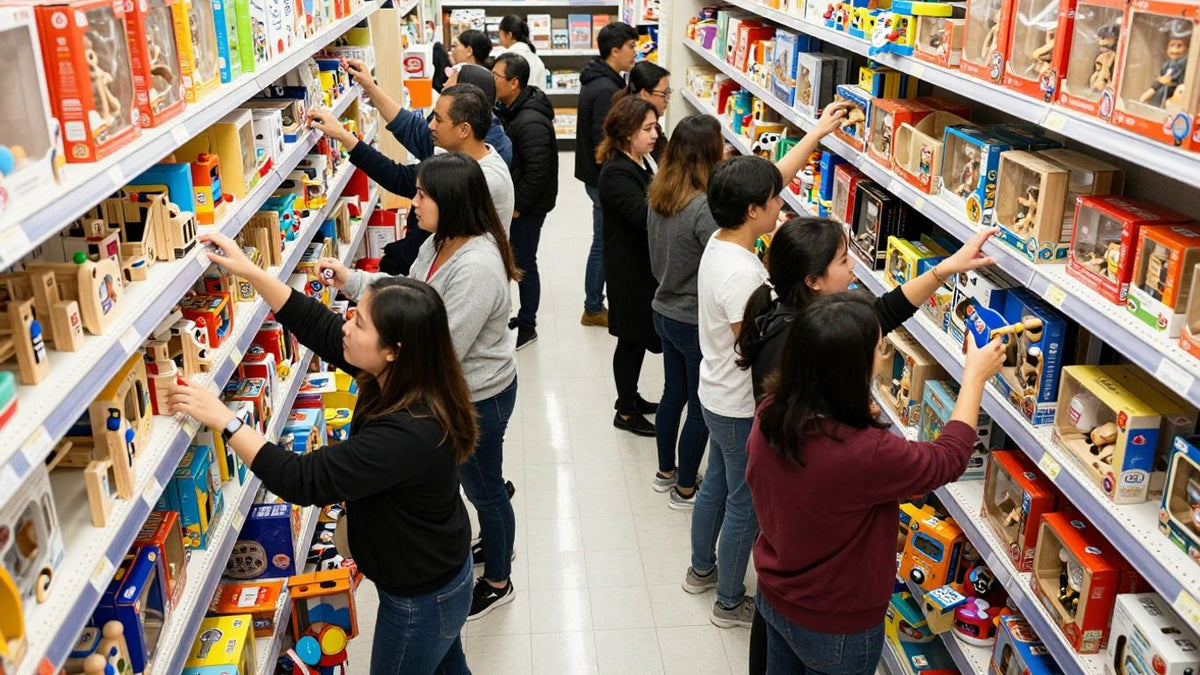 Aldi shoppers scramble for wooden toys in a crowded store.