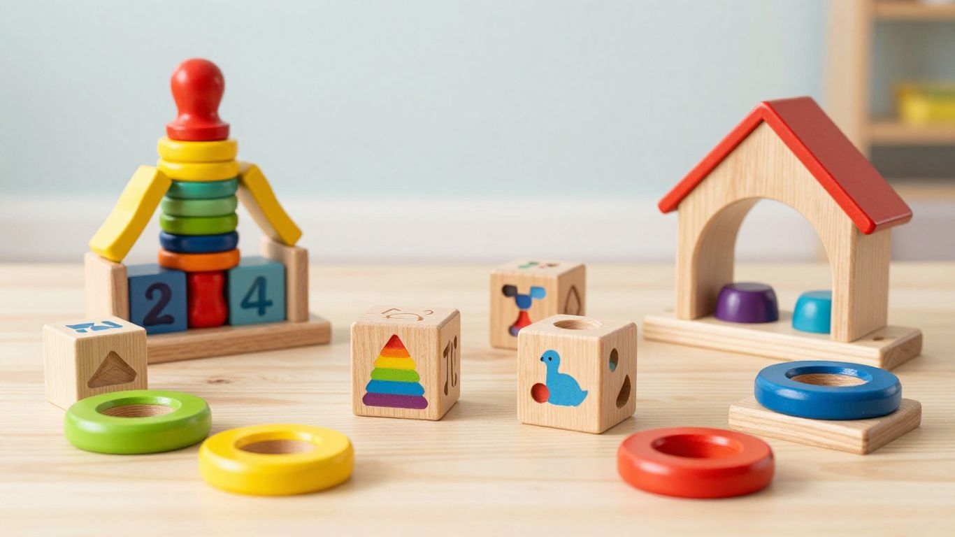 Fisher-Price and Melissa & Doug wooden toys for child development.