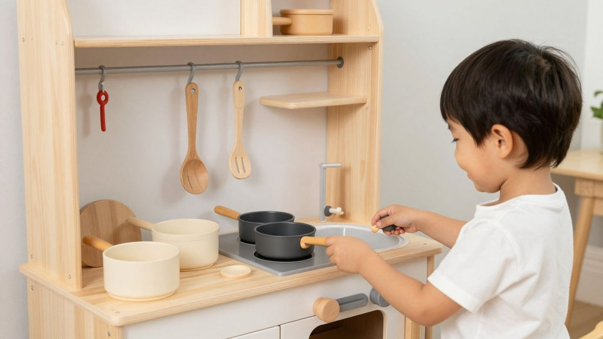 Child playing with a new wooden play kitchen set.