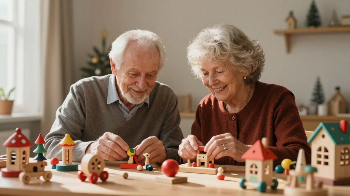 Elderly toymakers with handcrafted wooden toys.