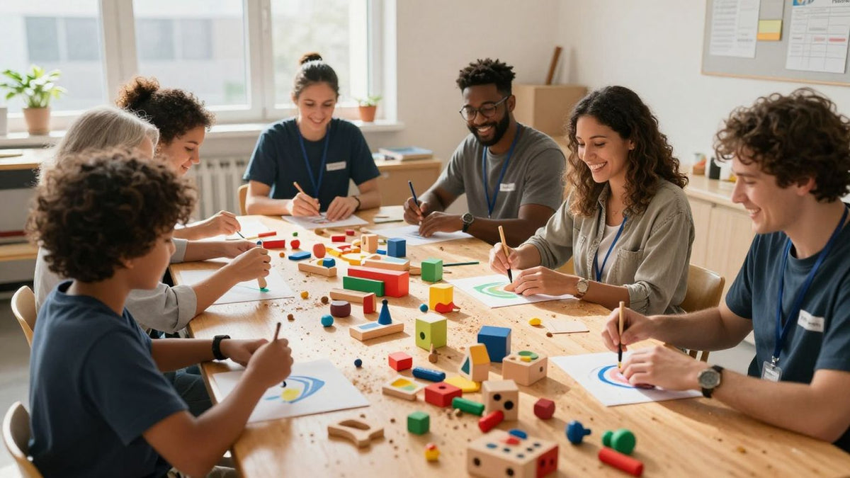 Volunteers happily making wooden toys for children.