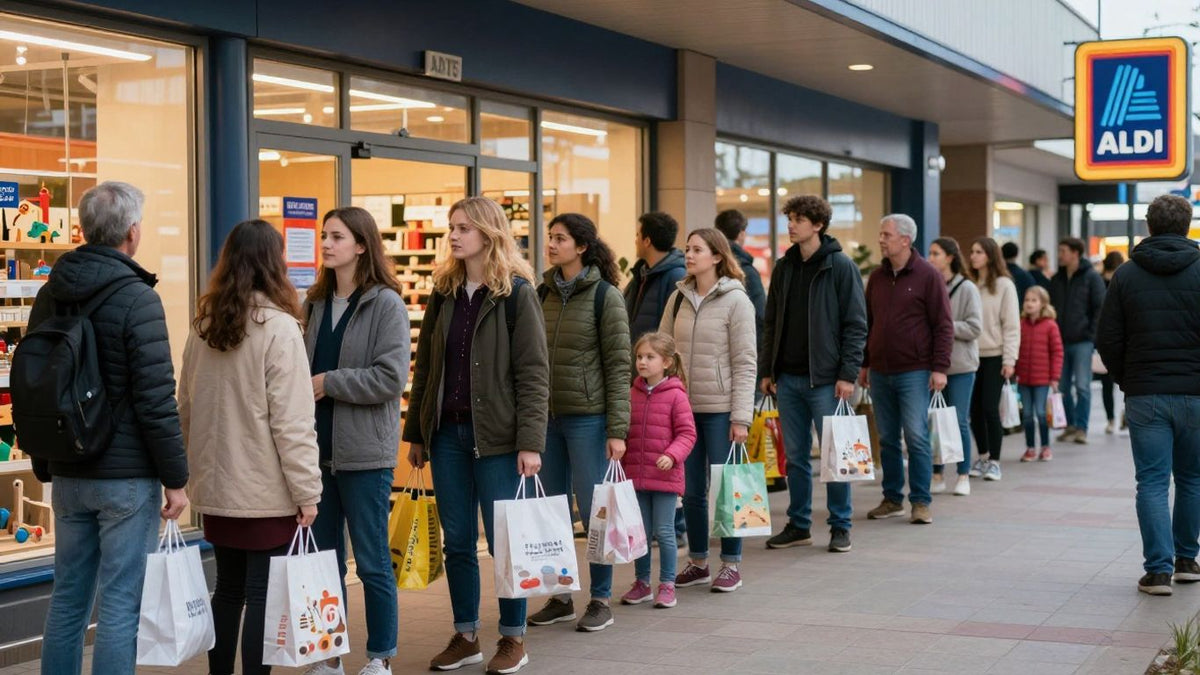 Shoppers queue early outside Aldi for wooden toy sale.