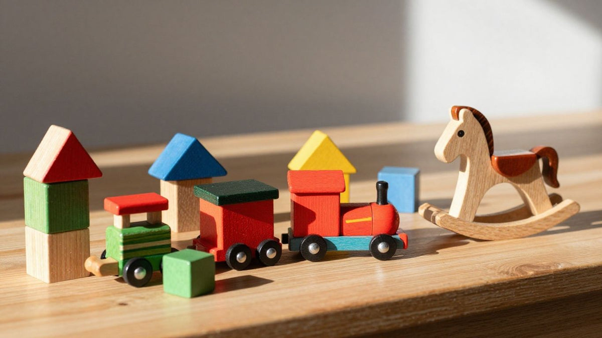 Colorful wooden toys arranged on a surface.