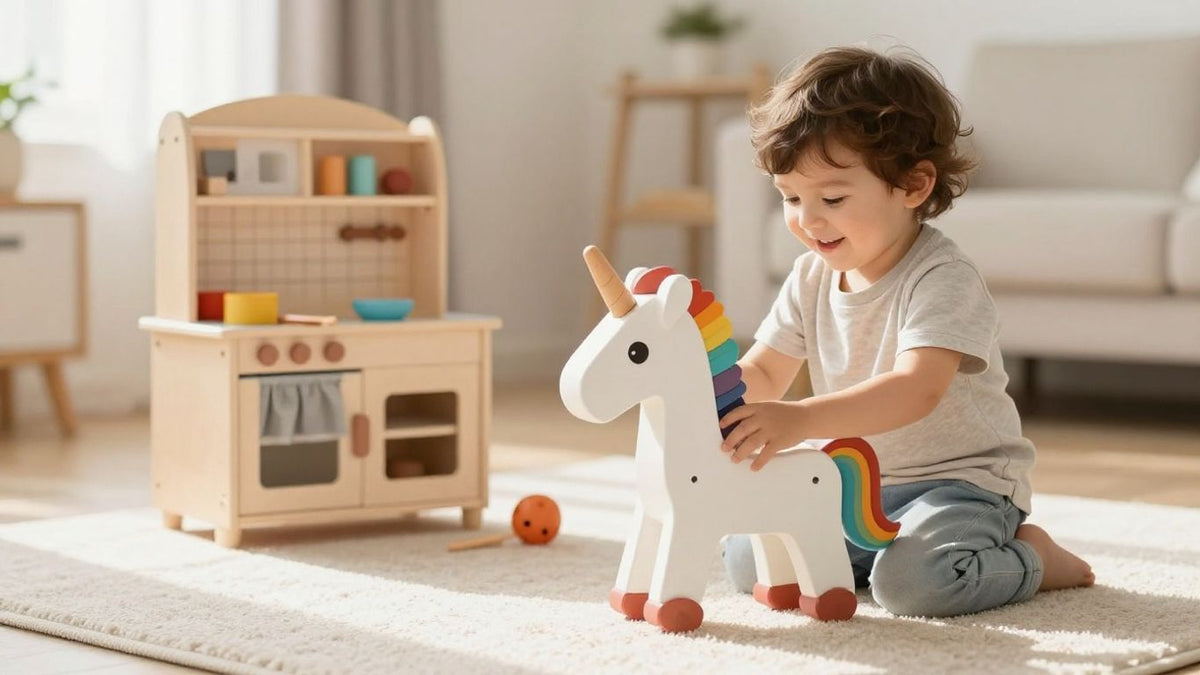 Aldi wooden unicorn ride-on and play kitchen.