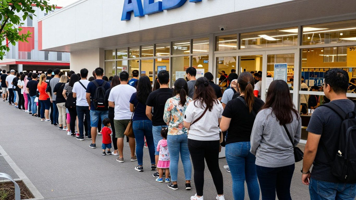 Shoppers queue for hours outside Aldi for wooden toys.
