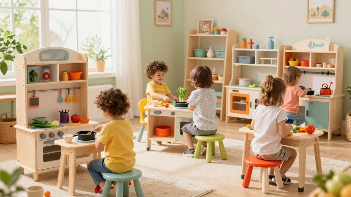 Children playing with expanded wooden play kitchen collection.
