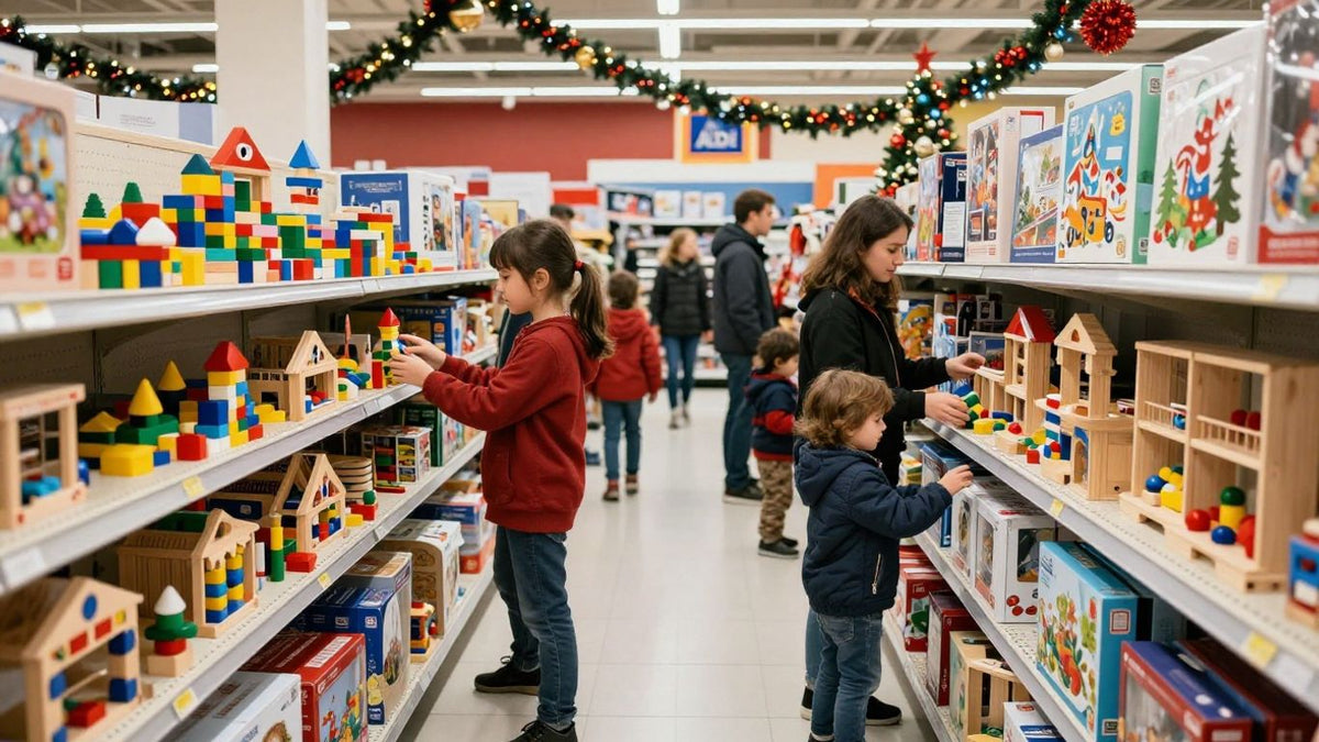 Aldi shoppers browse wooden toys during a festive event.