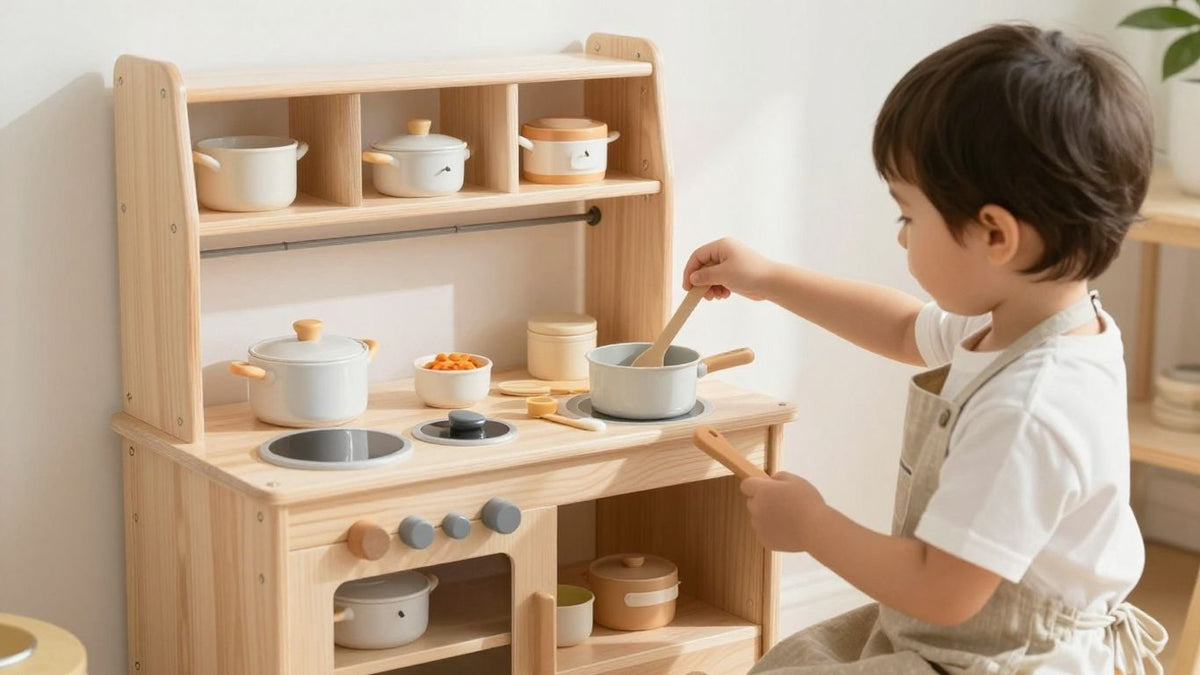 Child playing with a wooden toy kitchen.