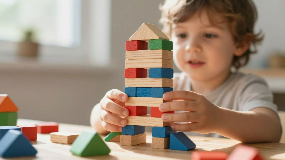 Child building with colorful wooden blocks at library.