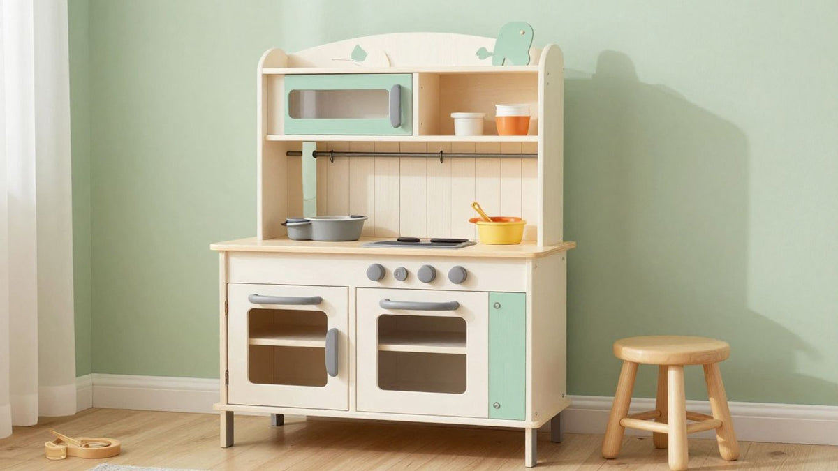 DIY play kitchen with painted cabinets and accessories.