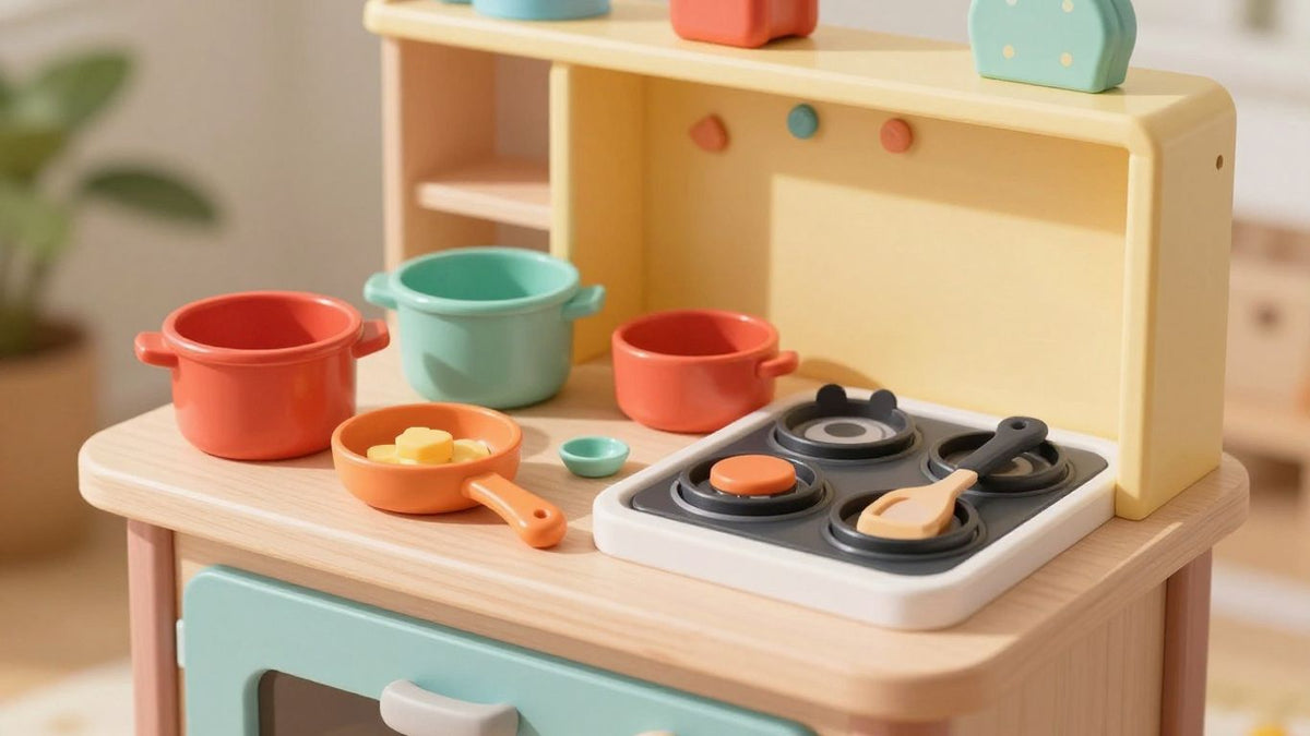 Children's play kitchen with toy food and accessories.