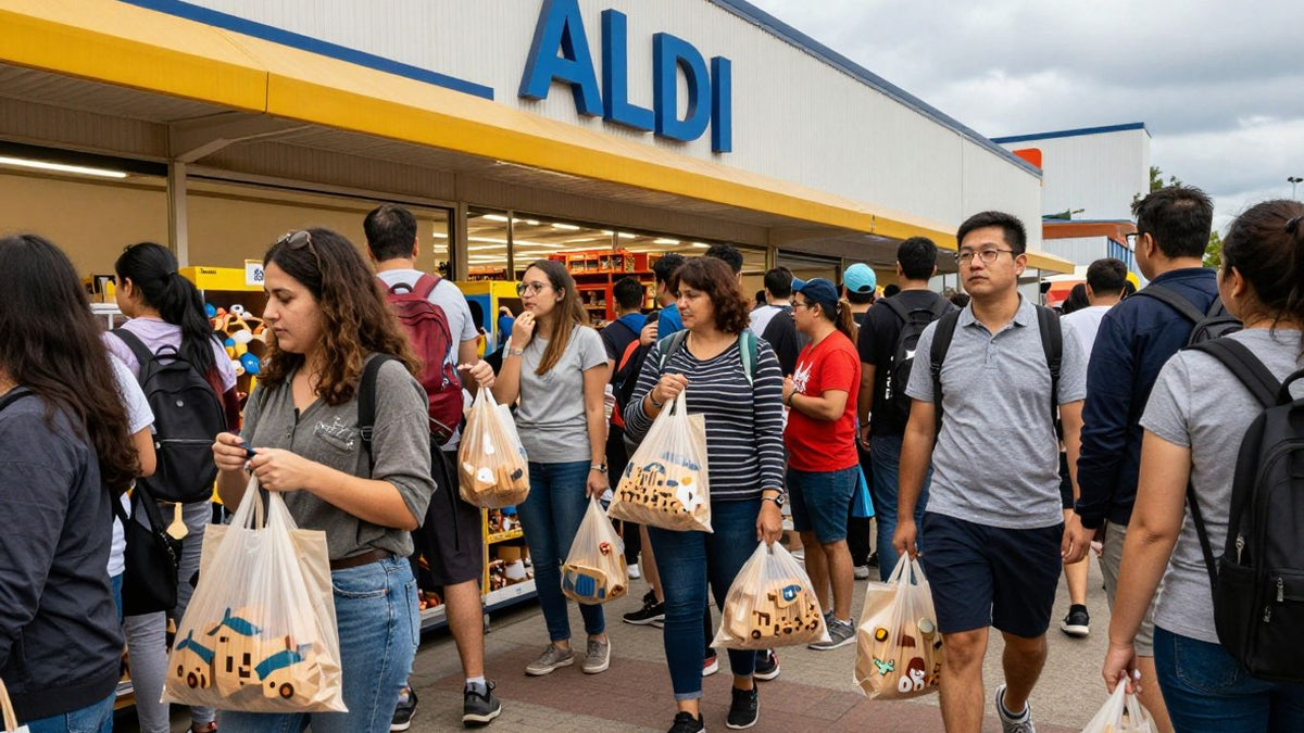Shoppers queue for hours at Aldi for wooden toys.