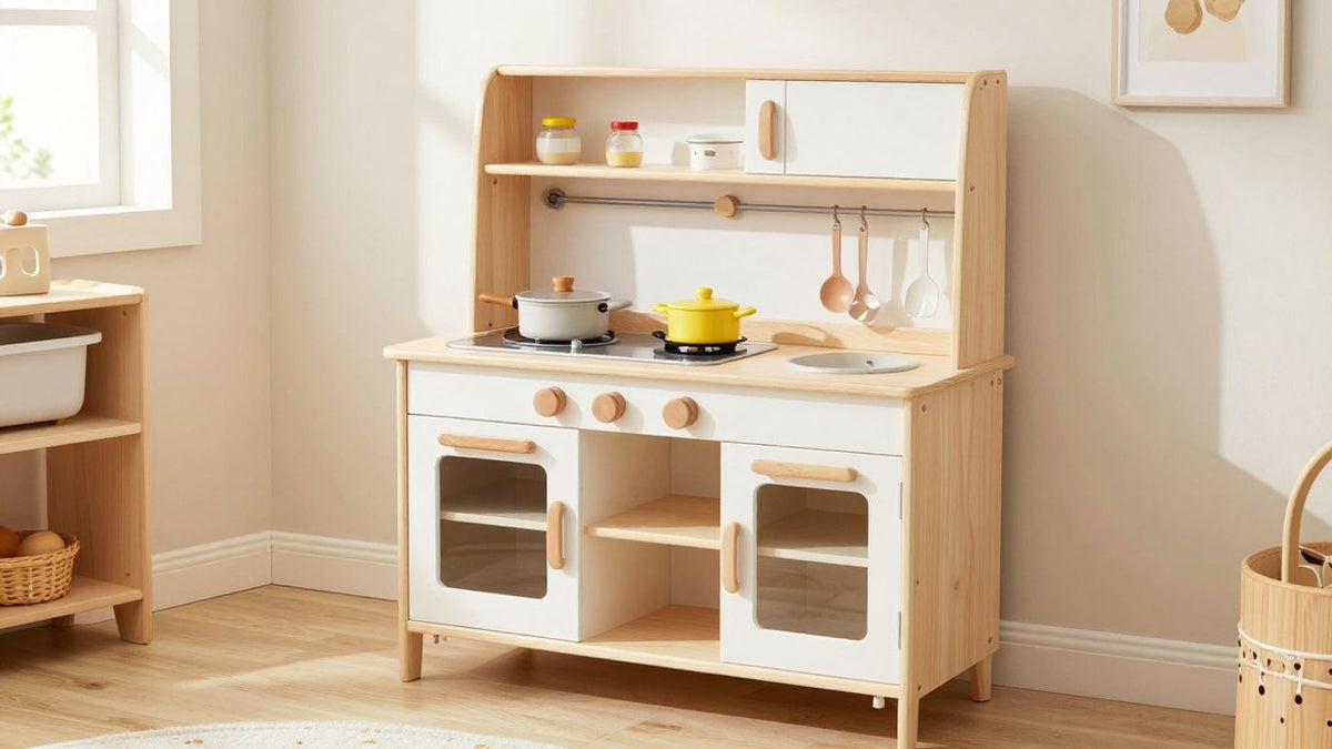 Stylish modern play kitchen in a bright, contemporary playroom.