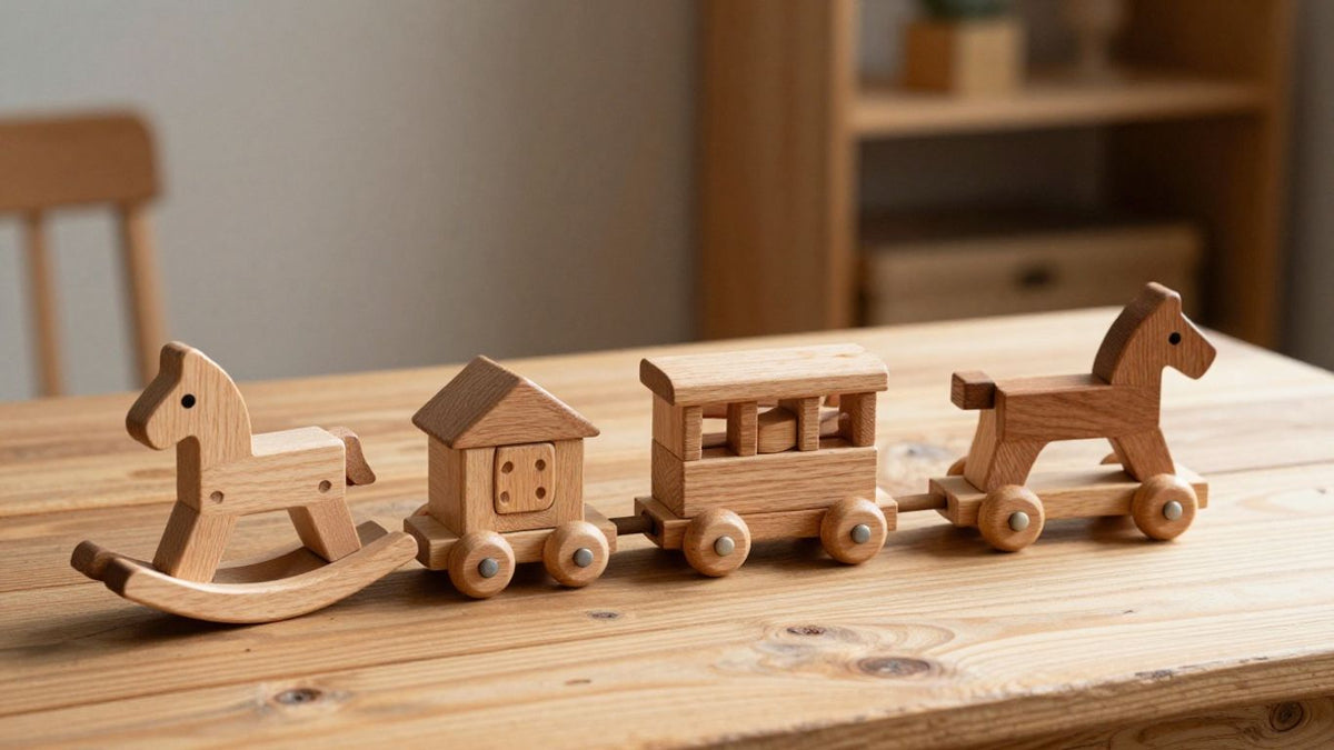 Collection of classic wooden toys on a wooden surface.