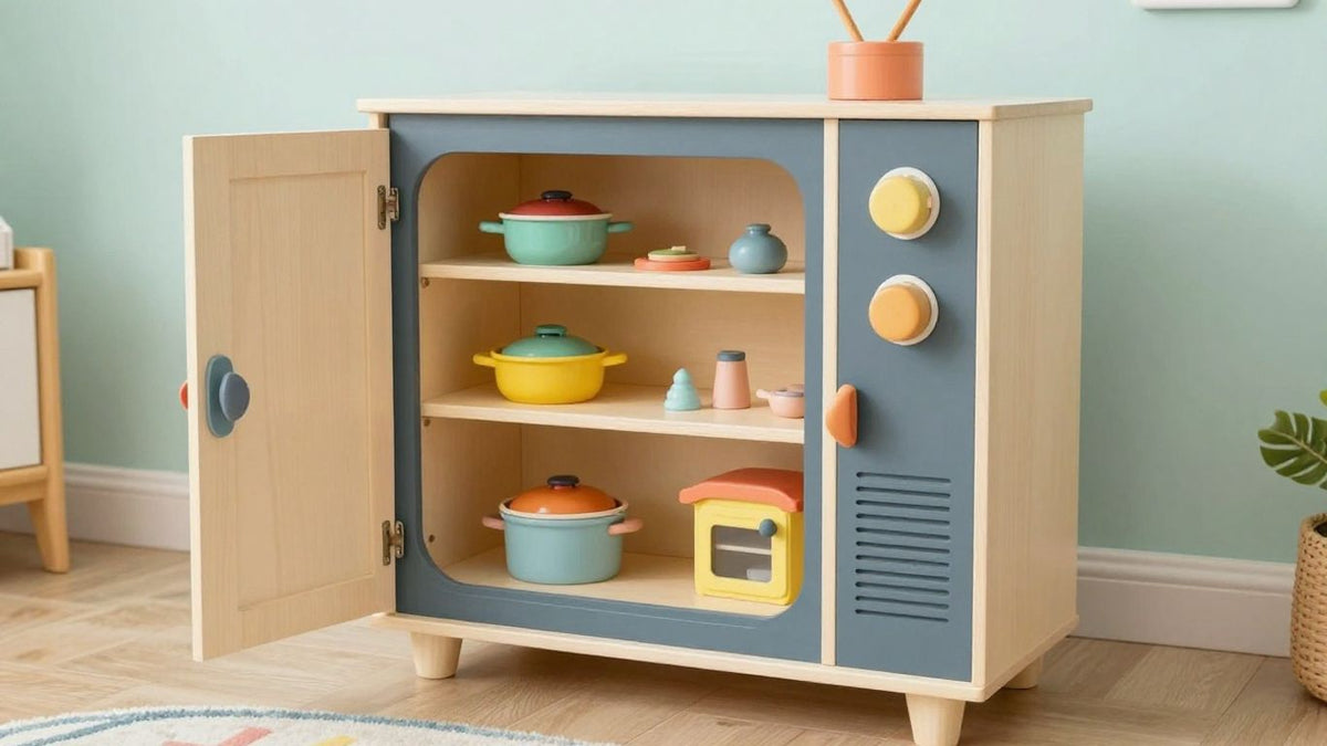 DIY play kitchen made from an old TV cabinet.