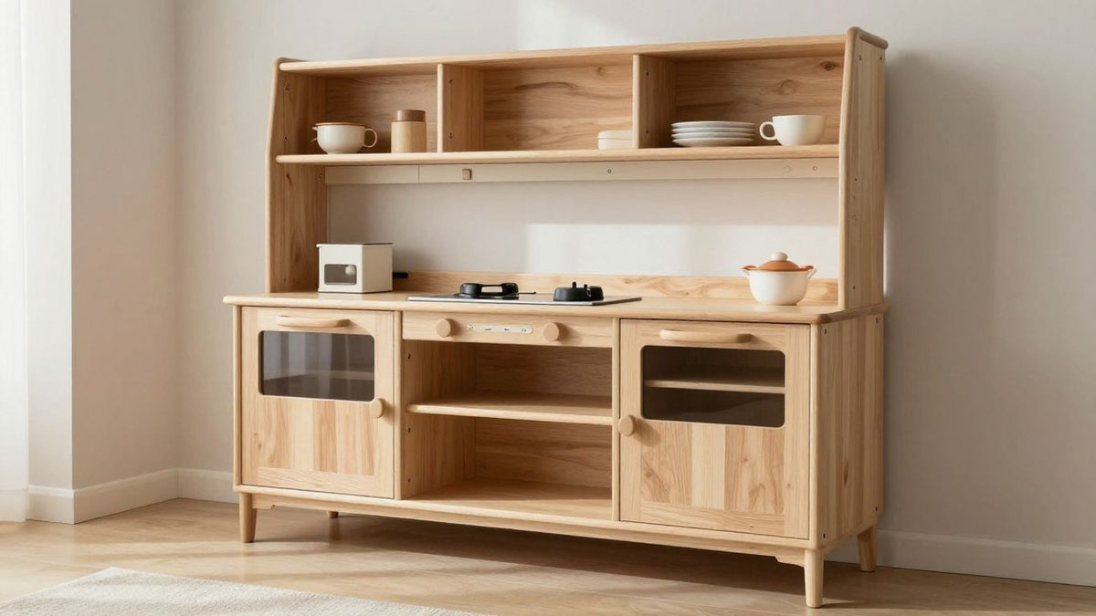 Modern play kitchen with minimalist design and wood accents.