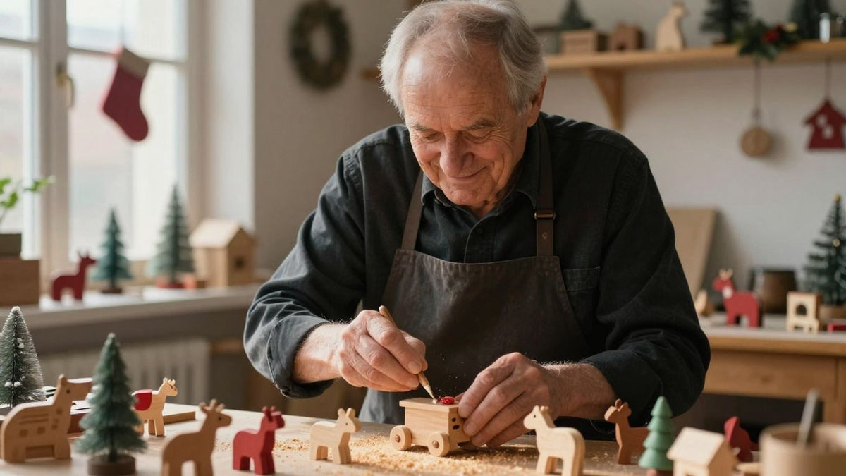 Centenarian toymaker crafting wooden toys for the holidays.