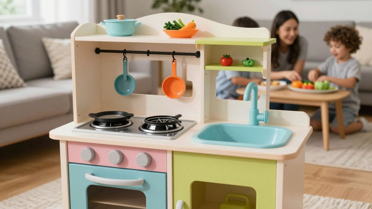 Colorful upcycled play kitchen with kids and adults playing