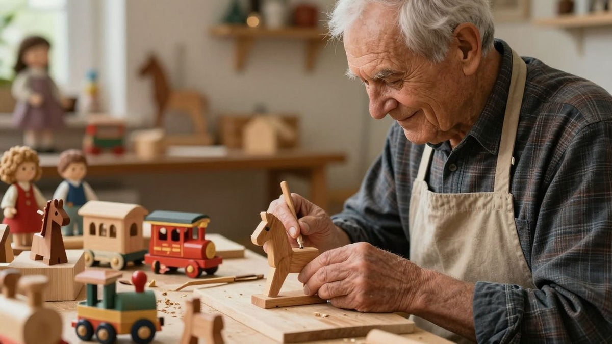 Centenarian toymaker crafting wooden toys for the holidays.