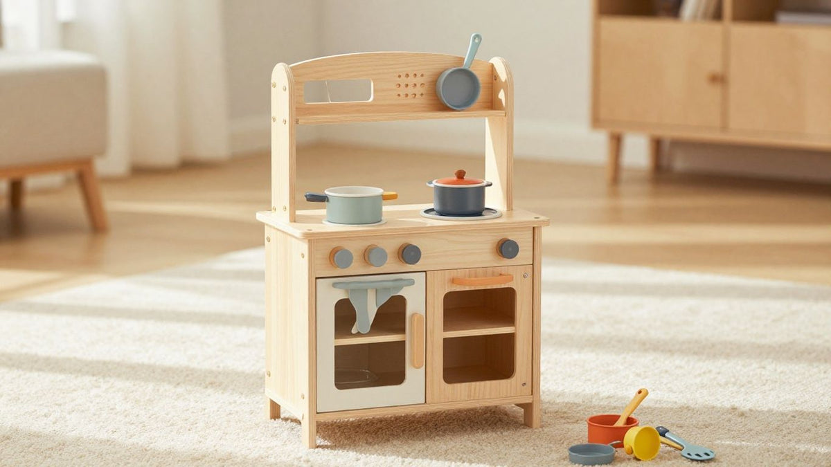 Child playing with a wooden play kitchen.
