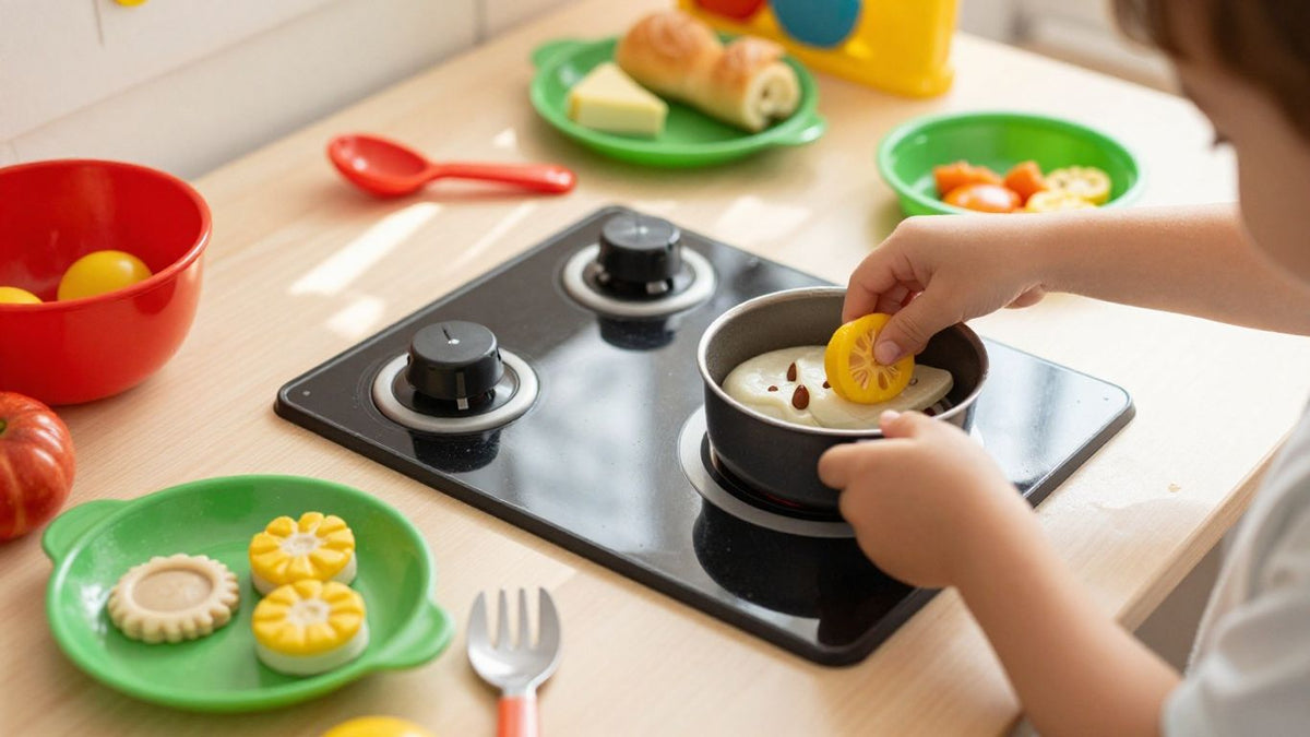 Child playing with a colorful toy kitchen set.