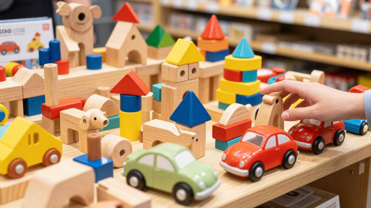 Aldi and Lidl wooden toys on shelves with shoppers reaching.