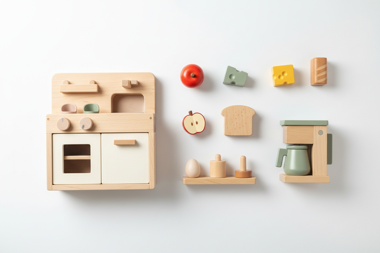 Wooden pretend play kitchen set and accessories for toddlers and kids