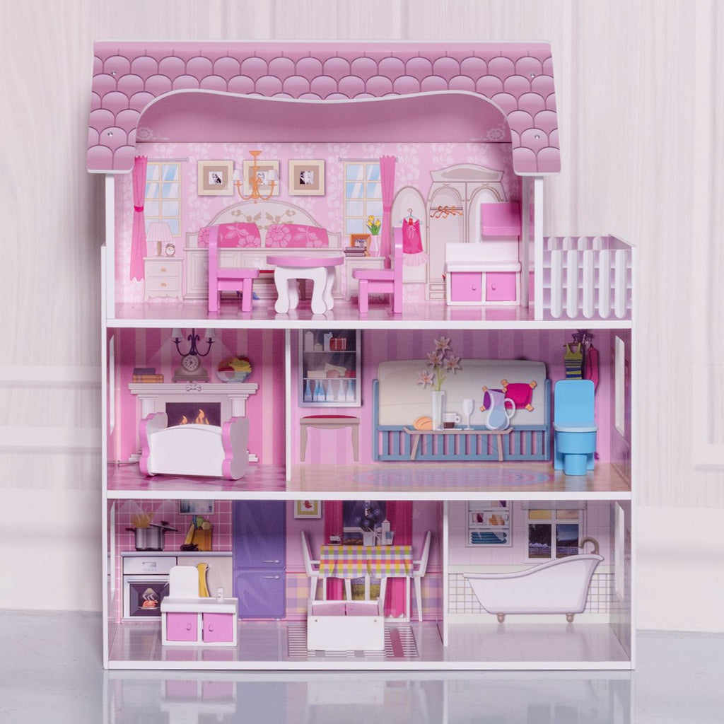 3 Etagen Puppenhaus Aus Holz Puppenstube Mit Möbeln & Zubehör Puppenvilla Mädchen Rosa