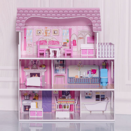 3 Etagen Puppenhaus Aus Holz Puppenstube Mit Möbeln & Zubehör Puppenvilla Mädchen Rosa