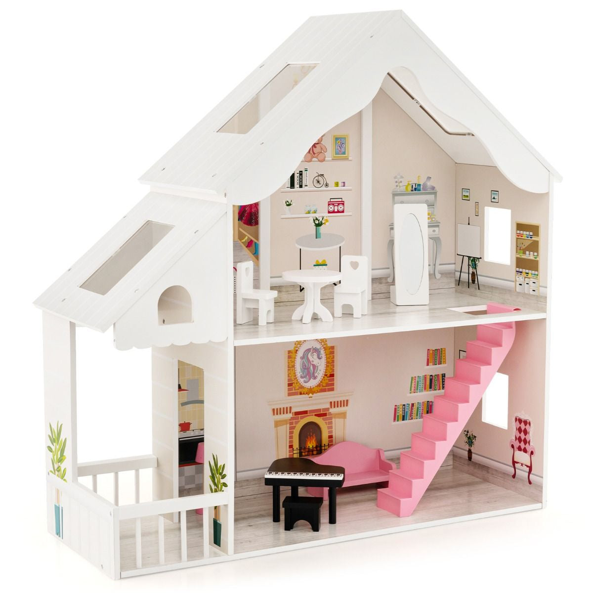 Puppenhaus Holz 2 Stöckige Puppenstube Mit Zubehör & Möbeln 81 X 30 X 86 Cm Weiß