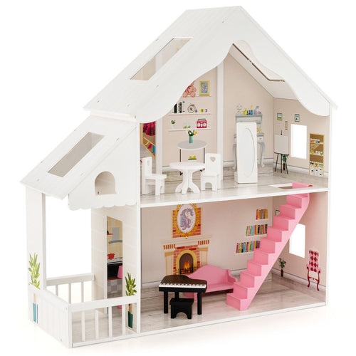Puppenhaus Holz 2 Stöckige Puppenstube Mit Zubehör & Möbeln 81 X 30 X 86 Cm Weiß