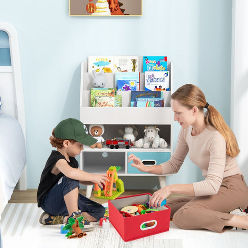 Bibliothèque Pour Enfants Etagère En Bois À 3 Niveaux Compartiment Ouvert 2 Tiroirs Pliables En Tissu Kits Anti-Basculement Gris/Blanc