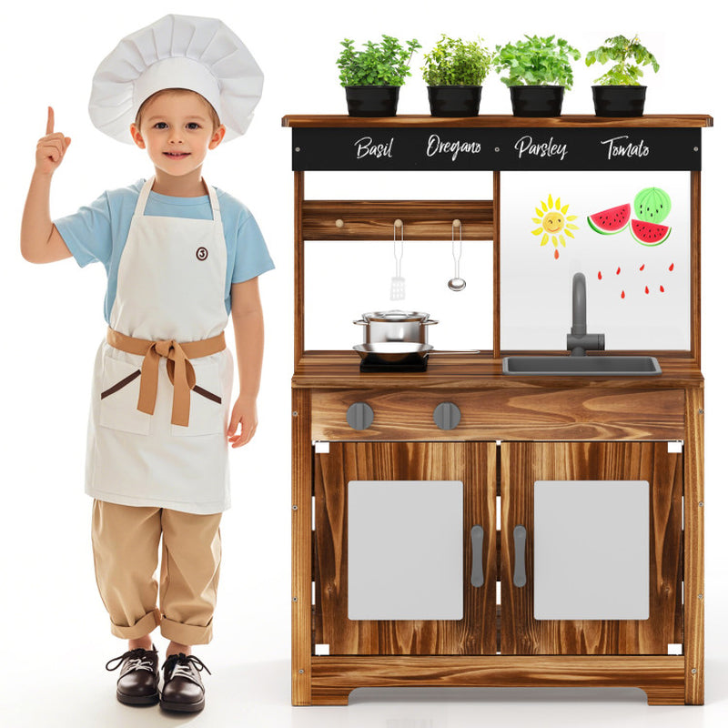 Mud Kitchen Fir Wood Play Kitchen with 4 Panting Pots Faucet Removable Sink