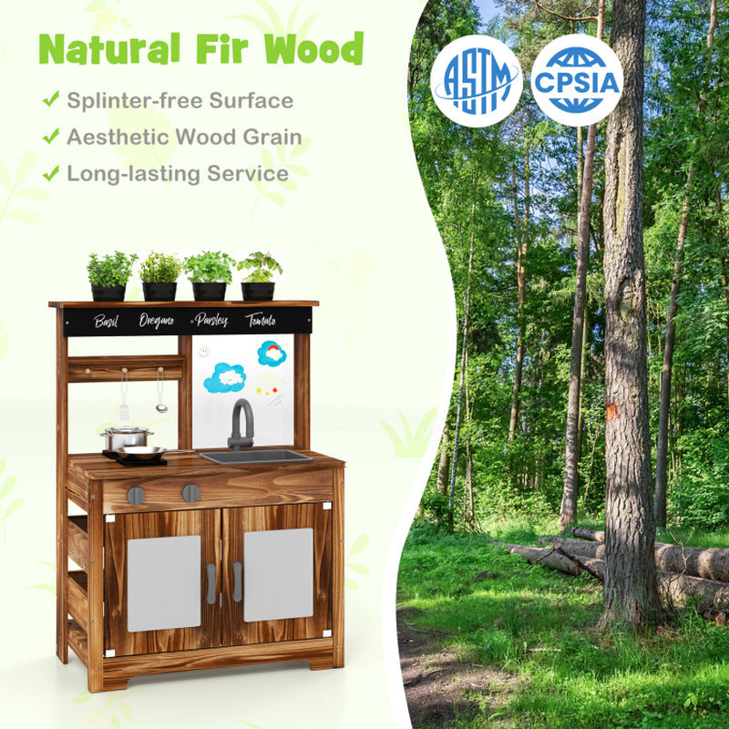 Mud Kitchen Fir Wood Play Kitchen with 4 Panting Pots Faucet Removable Sink
