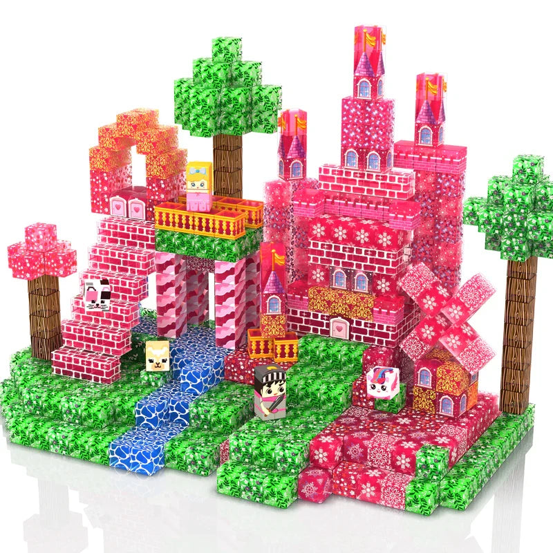 Ensemble de construction de château magnétique rose