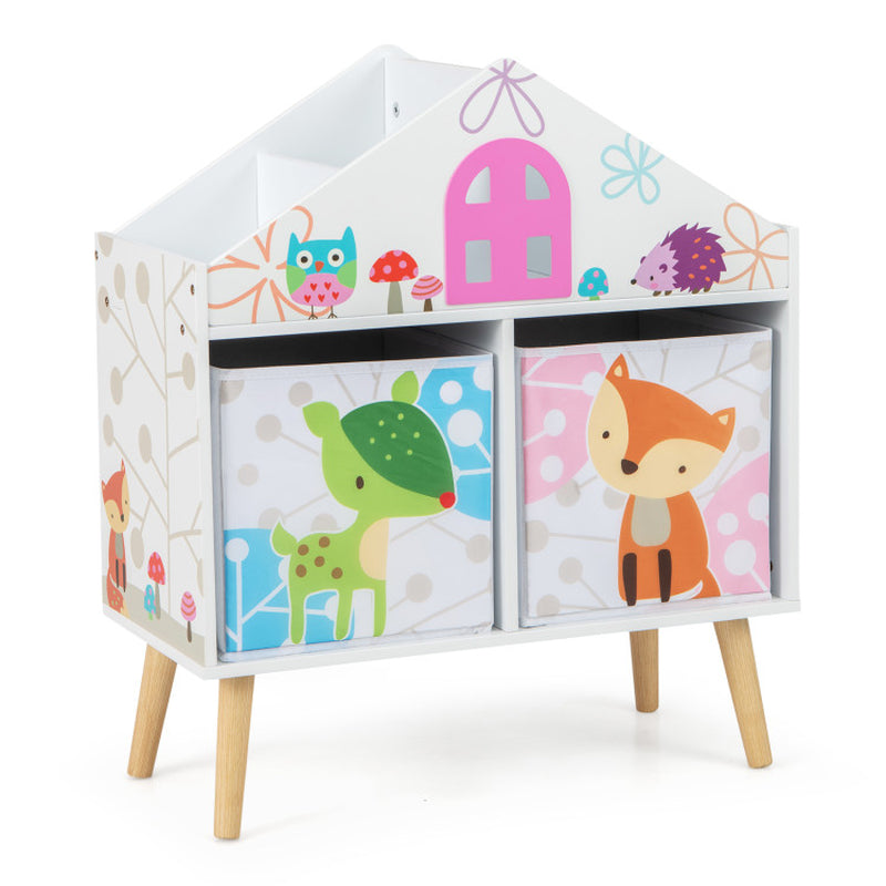 Kids House-Shaped Bookshelf with 2 Storage Bins for Kids Room Playroom